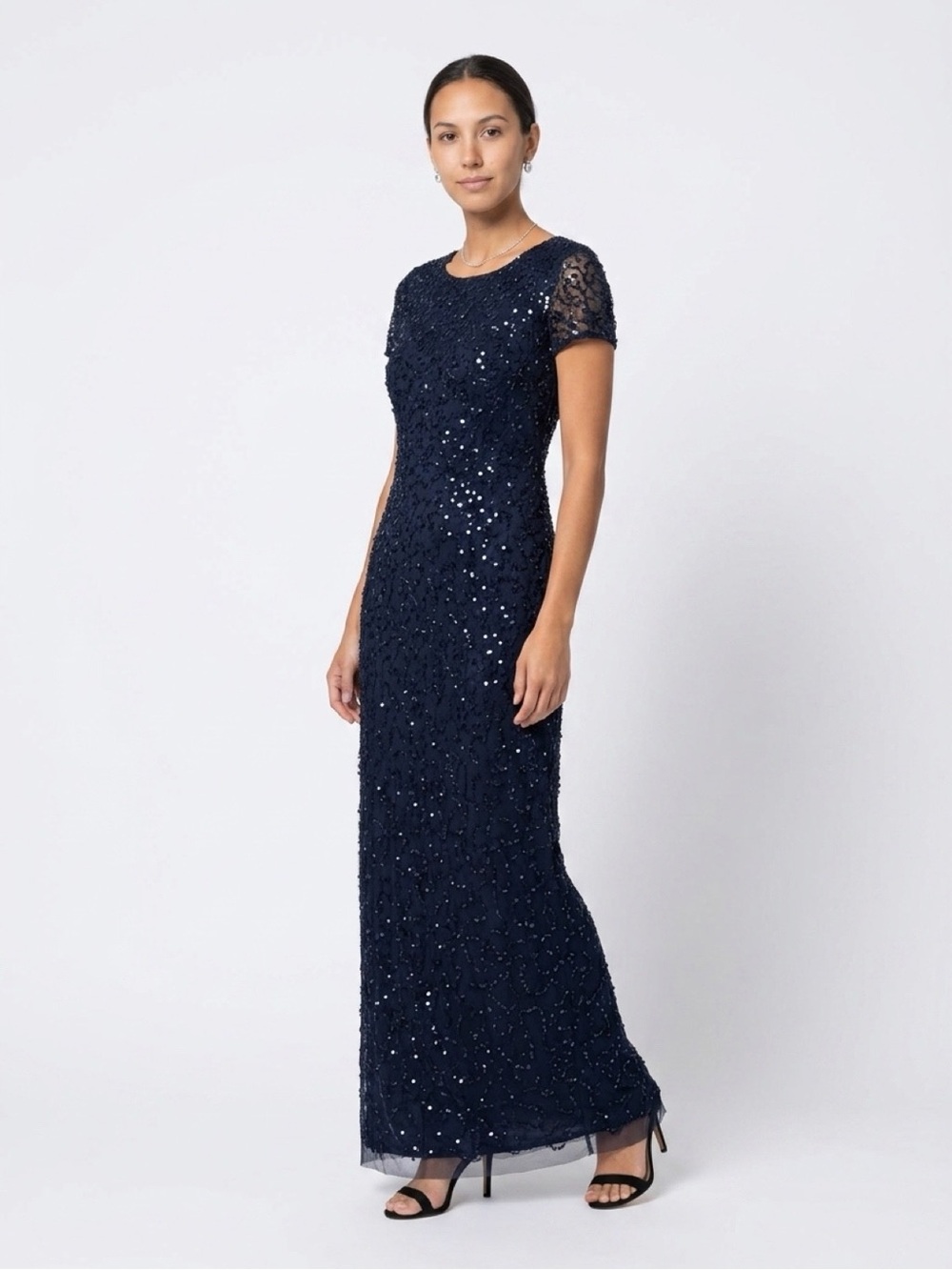 Papell Studio by Adrianna Papell Beaded Column Silhouetted Gown, Navy. Size 10
